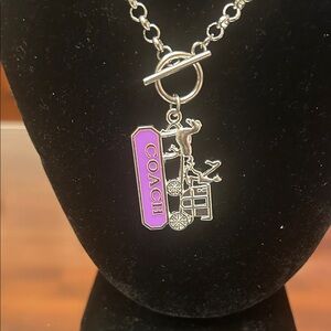 Silver-Tone Chain Necklace with Pink Enamel Tag and Carriage Charm